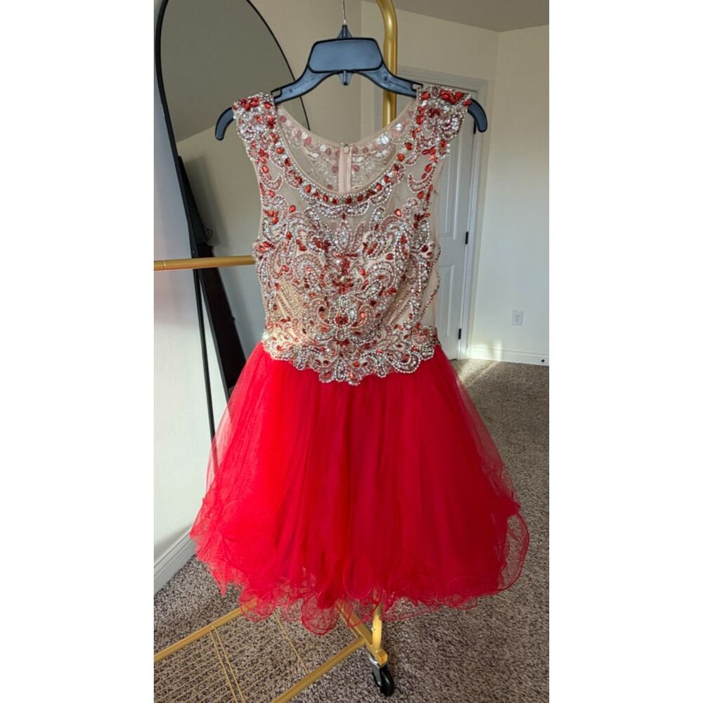 Let’s Fashion Vintage Rhinestone Corset Tulle Mini Dress Style 5856 Size M Red